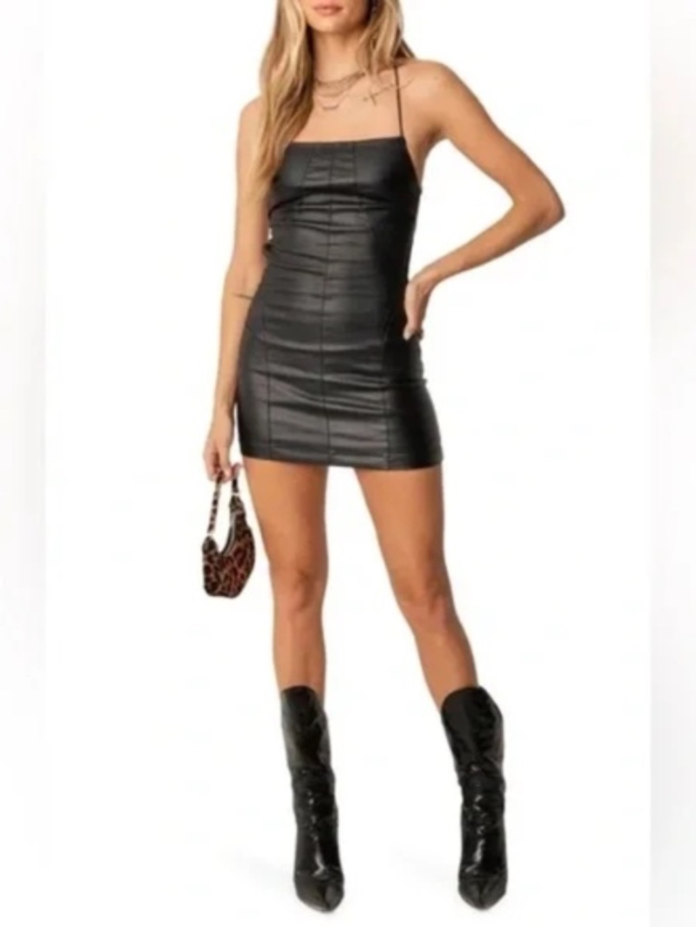 EDIKTED | Dani Open Back Faux Leather Black Minidress XS